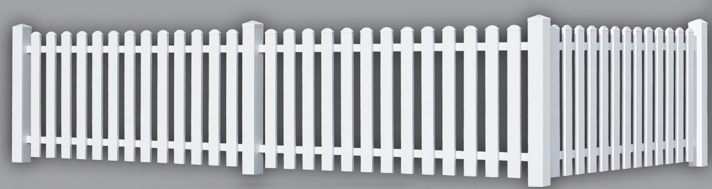 Virtuelle Darstellung eines Kunststoff-Gartenzaunes mit weißen Latten mit Rundkopfkappen und Pfosten vor grauem Hintergrund