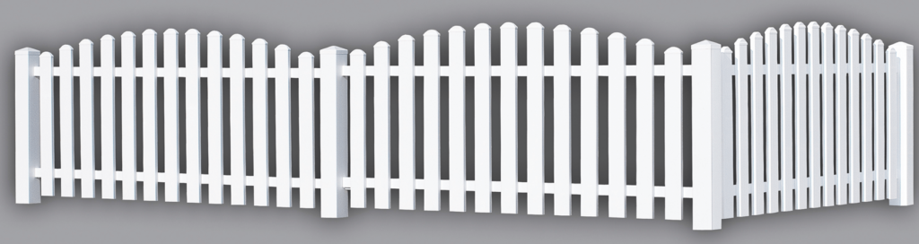 Virtuelle Darstellung eines weißen Kunststoff-Gartenzaunes mit gewölbten Zaunfeldern und Pfosten vor grauem Hintergrund