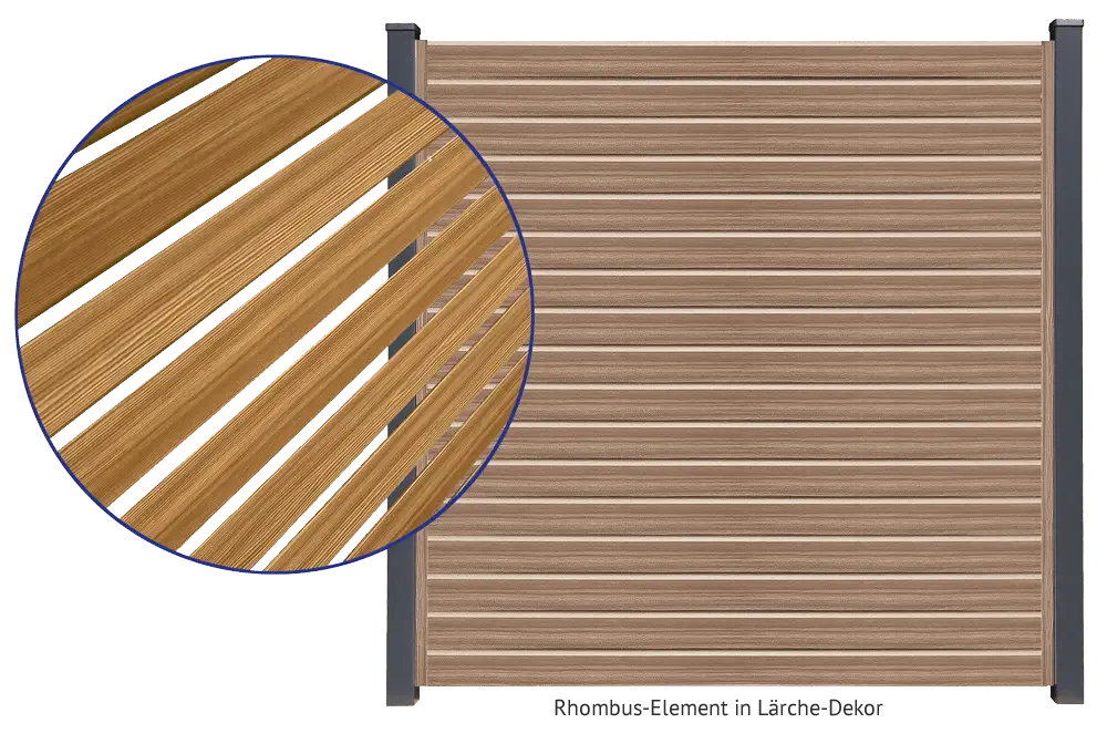 Quadratisches Element mit horizontalen, rhombusförmigen Latten in Lärche-Dekor, zwei vertikale graue Seitenprofile, Nahaufnahme zeigt Lattenstruktur.
