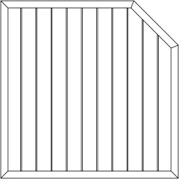 Skizze einer Sichtschutztafel mit senkrechten Lamellen und einer abgeschrägten Ecke rechts oben.