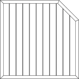 Skizze einer Sichtschutztafel mit senkrechten Lamellen und einer abgeschrägten Ecke rechts oben.