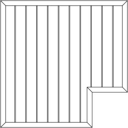 Skizze einer Sichtschutztafel mit senkrechten Lamellen und einer ausgeklinkten Ecke rechts unten.