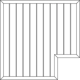 Skizze einer Sichtschutztafel mit senkrechten Lamellen und einer ausgeklinkten Ecke rechts unten.